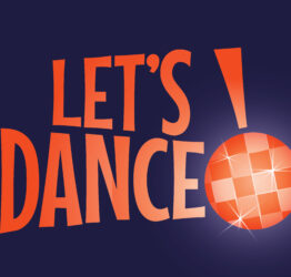 Let's Dance! orange logo on a purple background. The dot of the exclamation mark is large and looks like a disco ball.